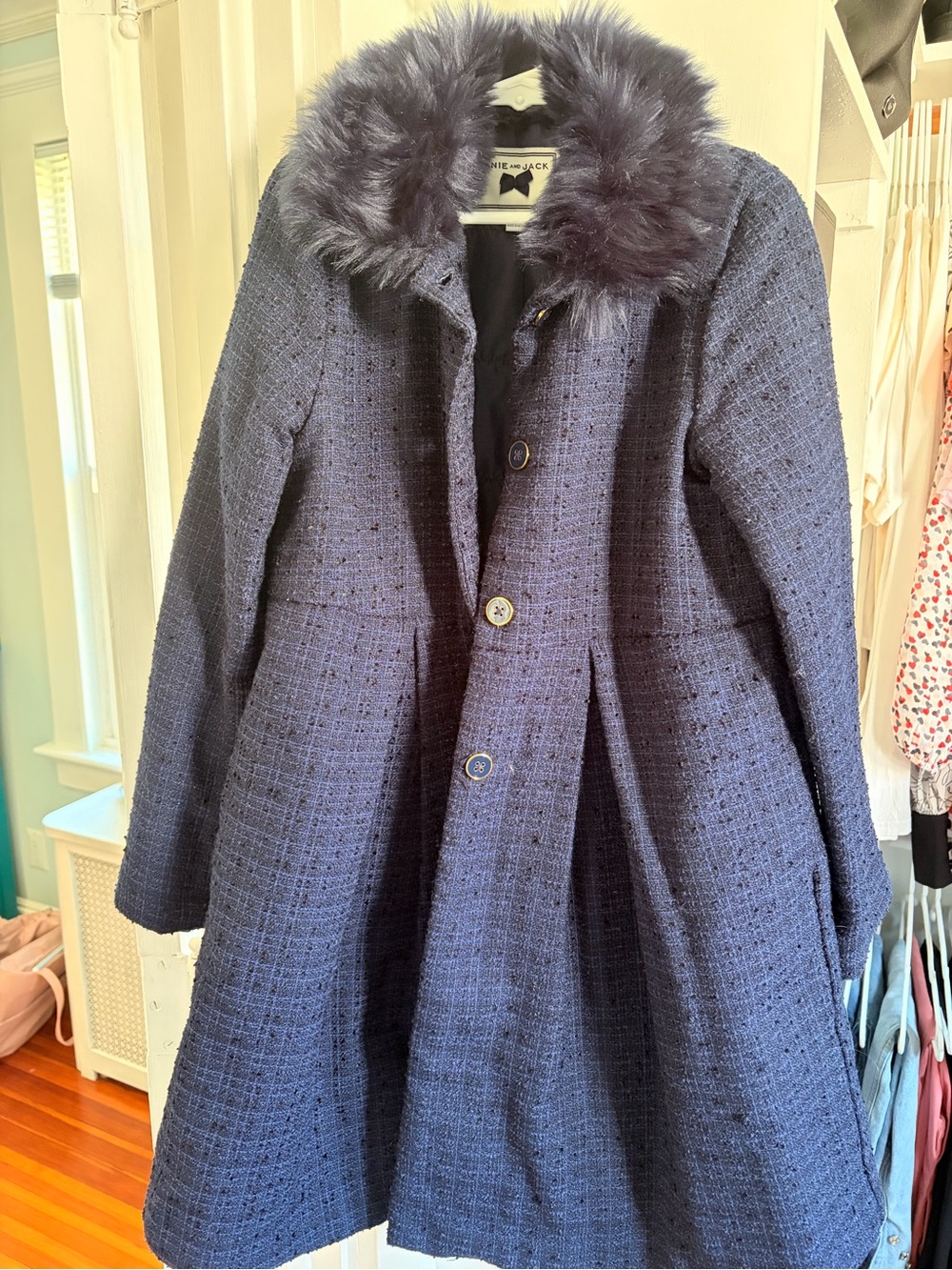 Girl’s Navy Tweed Coat with Faux Fur Collar